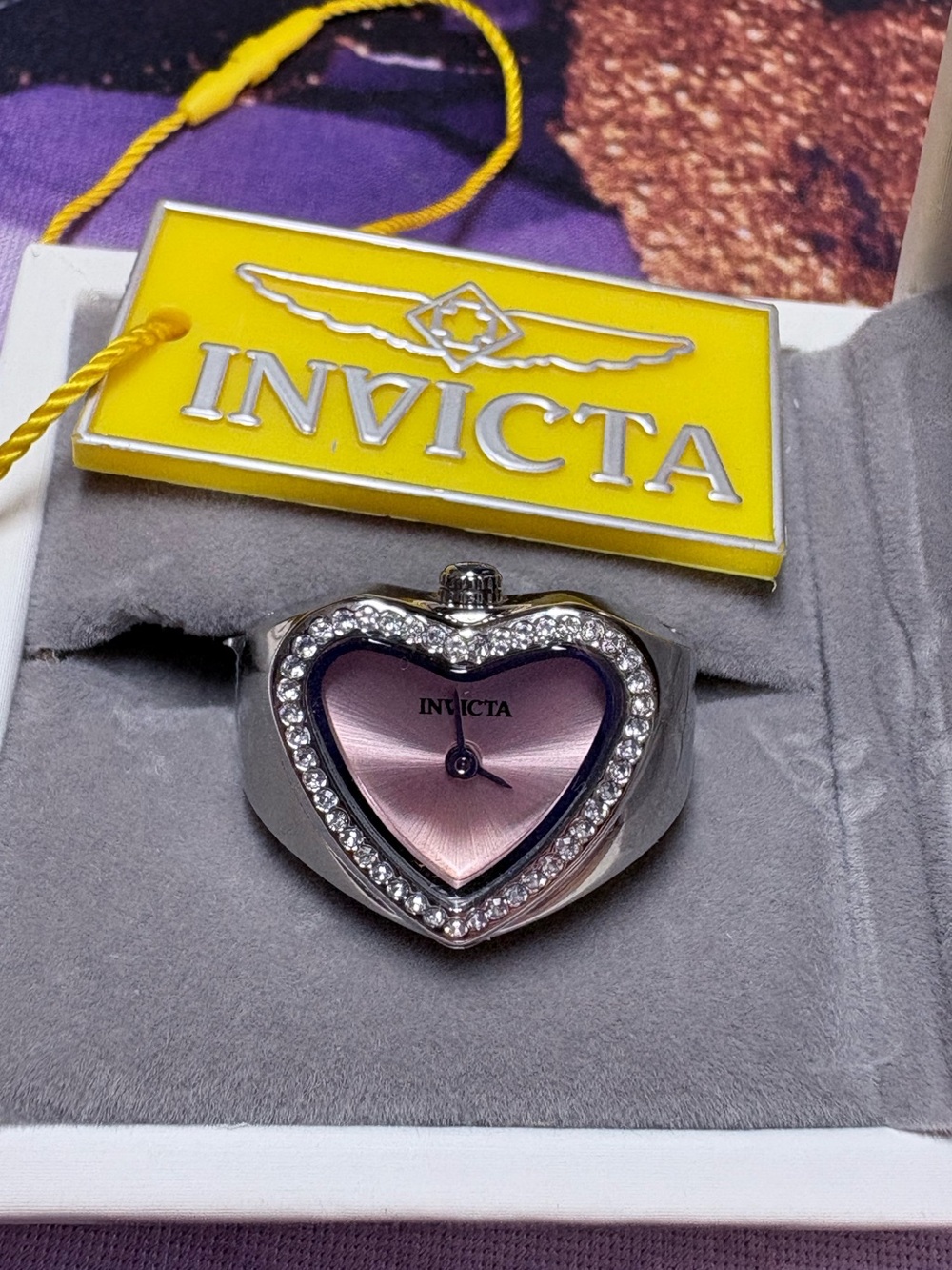 Invicta Silver Ring Watch with Pink Heart Dial and Crystal Halo NWT